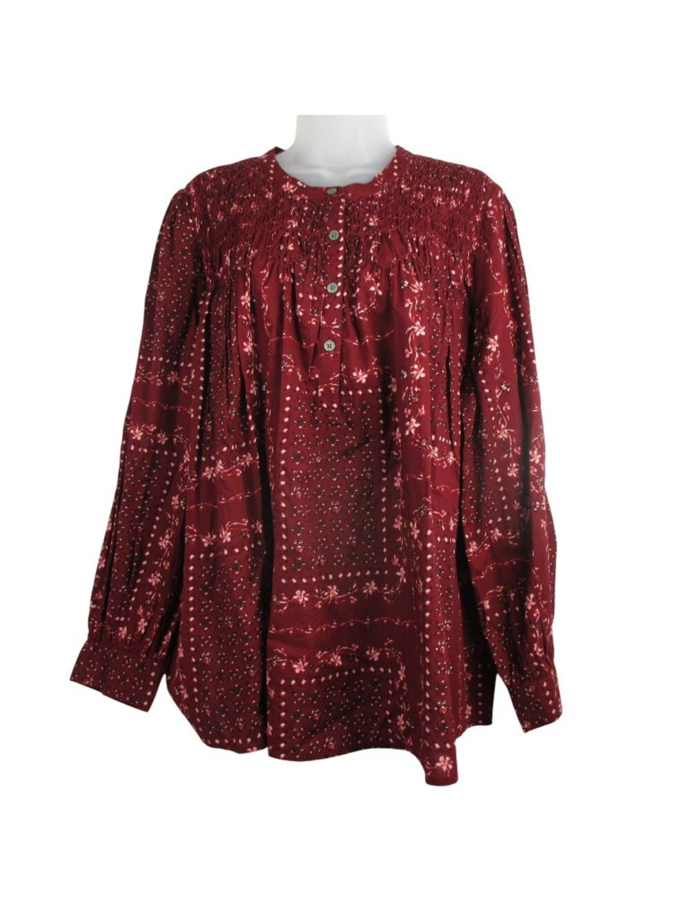 Style & Co Women’s Merlot Floral Smocked Long Sleeve Button Up Top Blouse 2X NWT